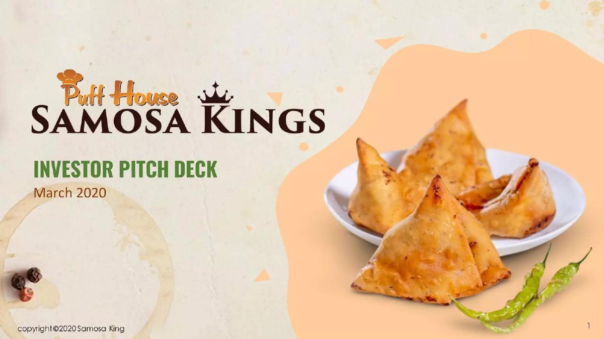 Cover slide of the Samosa King (Puff House Samosa Kings) pitch deck — Seed 2020