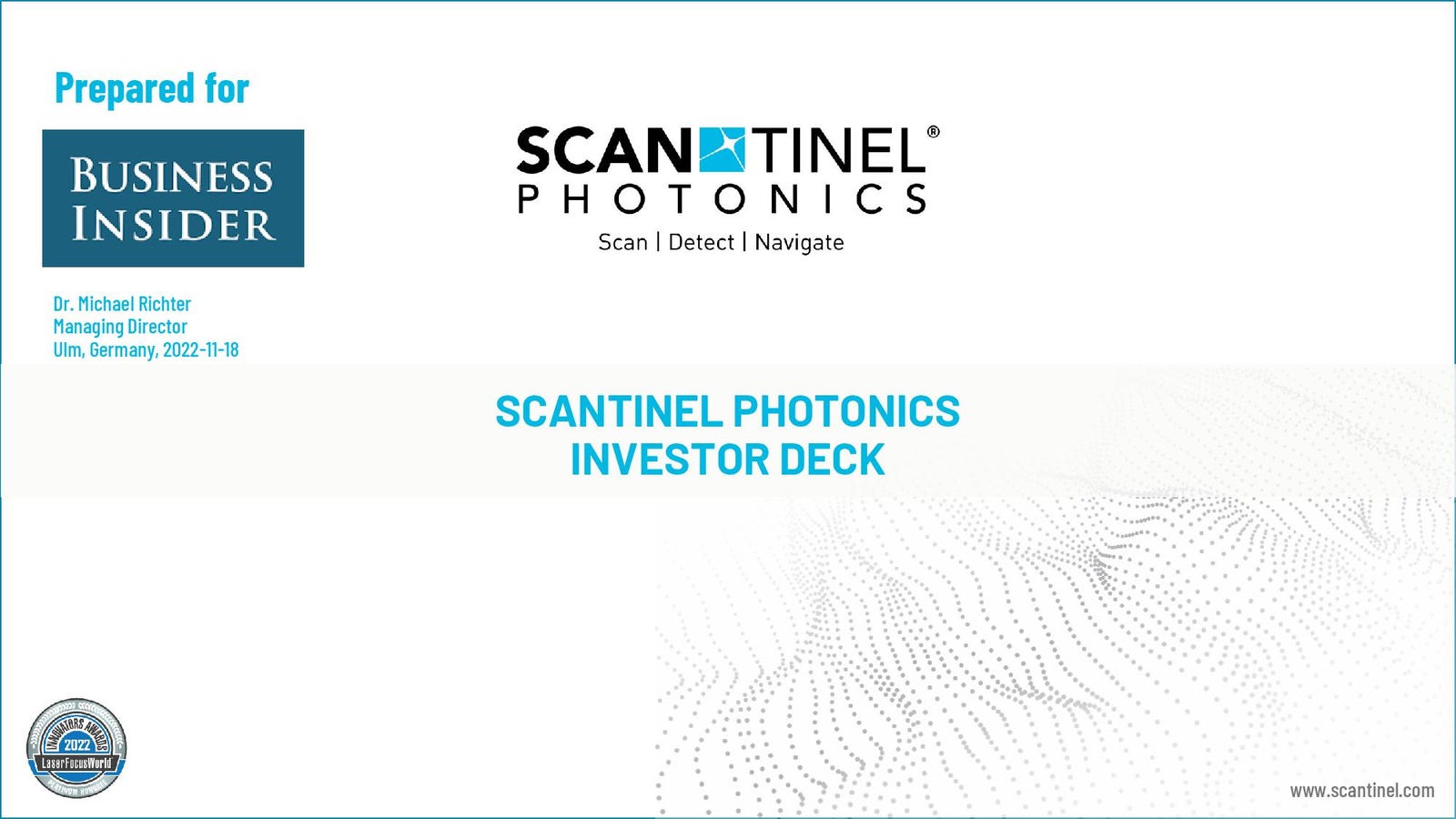 Cover slide of the Scantinel Photonics pitch deck — Series A 2024