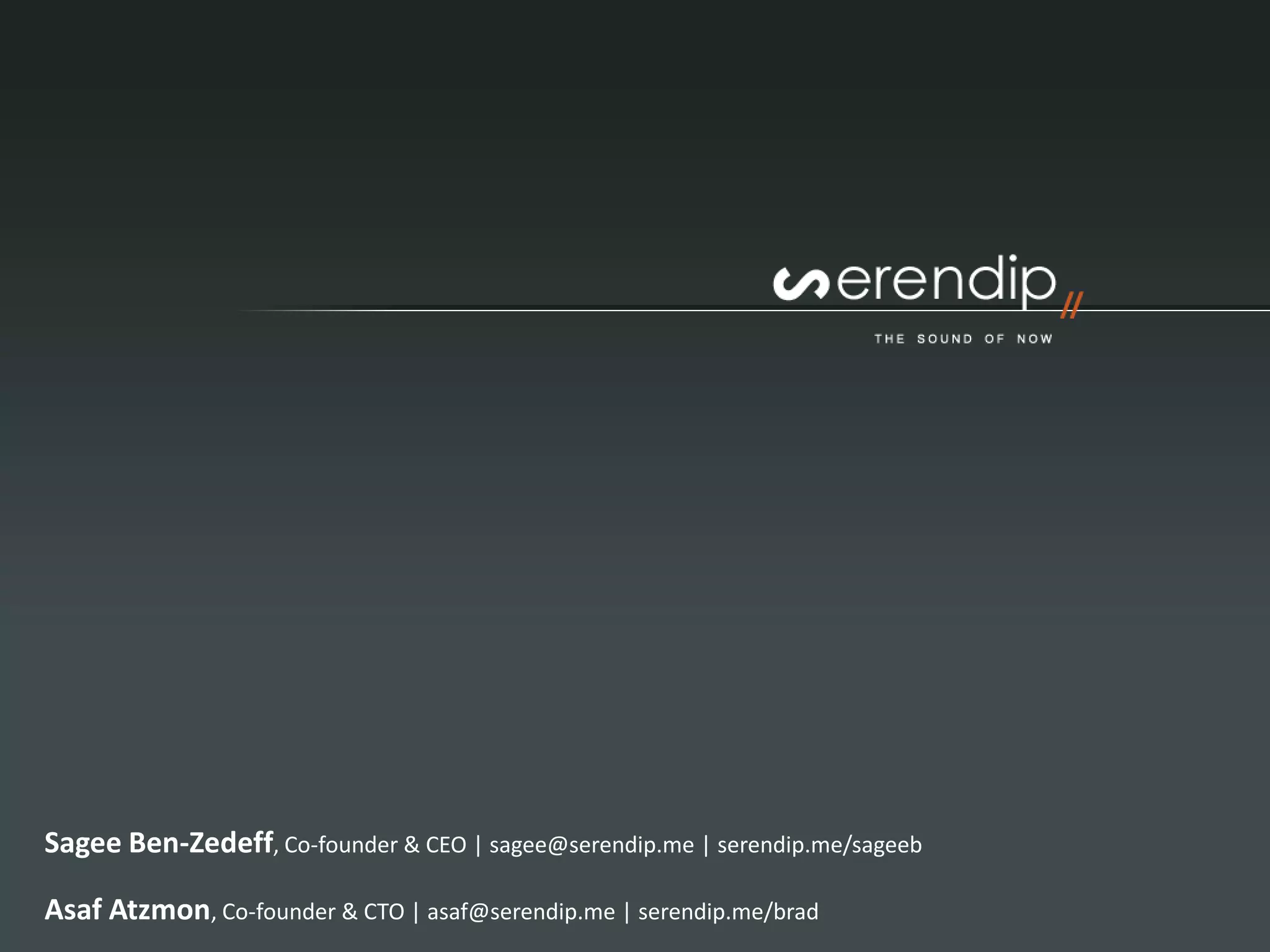 Cover slide of the Serendip Media pitch deck — 2013