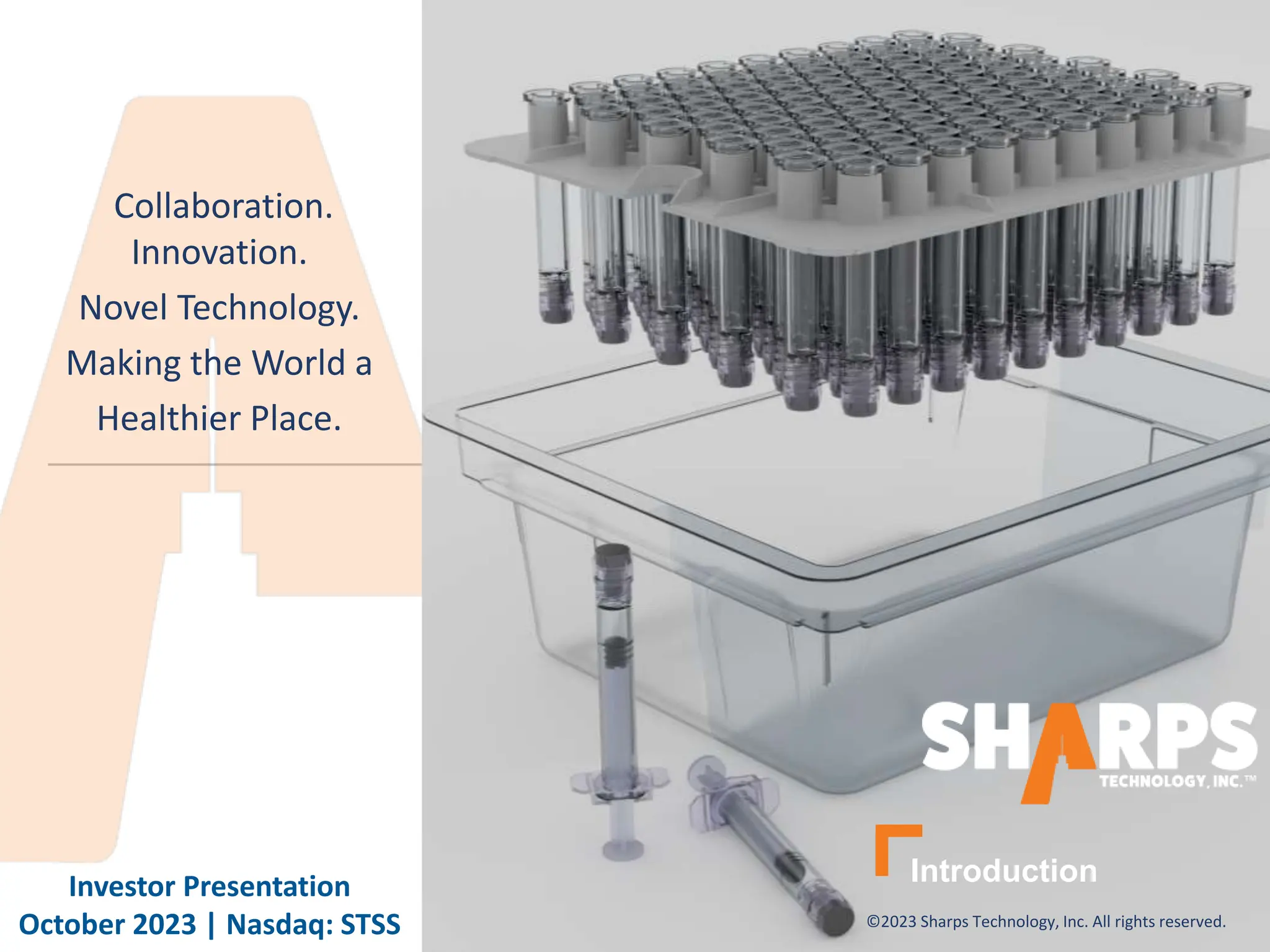 Cover slide of the Sharps Technology, Inc. pitch deck — Public (Nasdaq: STSS) 2023