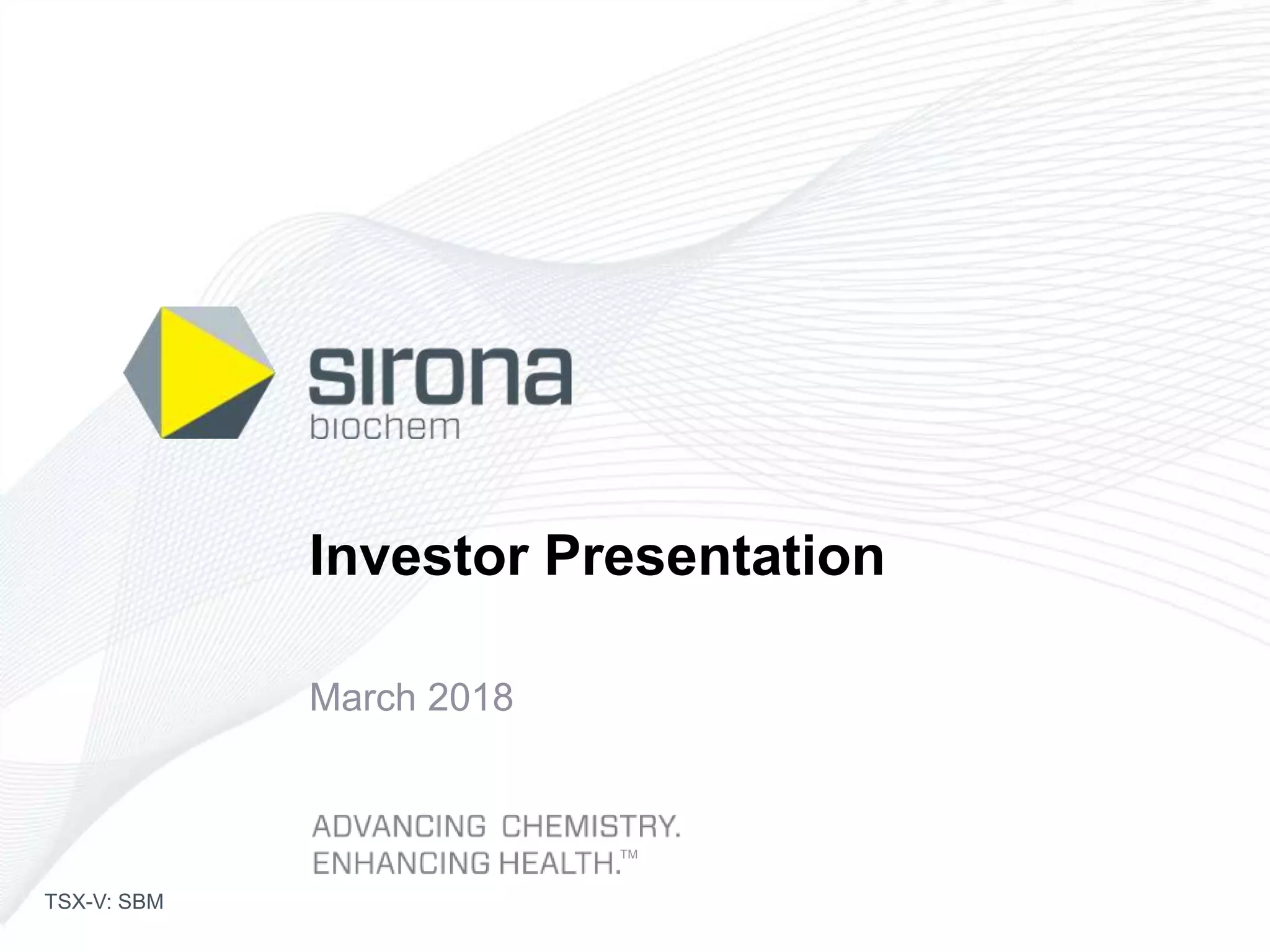 Cover slide of the Sirona Biochem pitch deck — Public (TSX-V: SBM) 2018