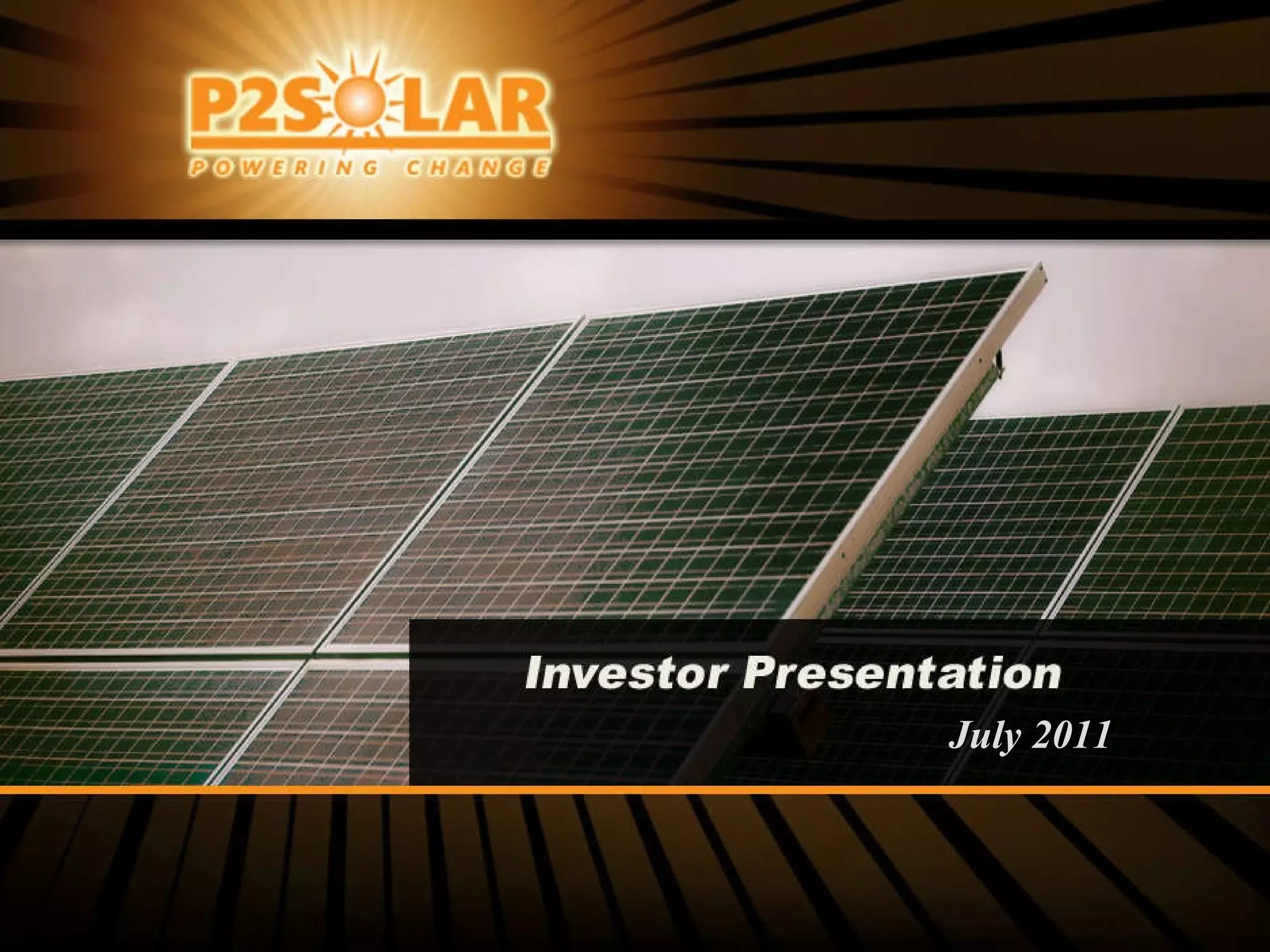 Cover slide of the P2 Solar pitch deck — Public (OTCBB: PTOS) 2011