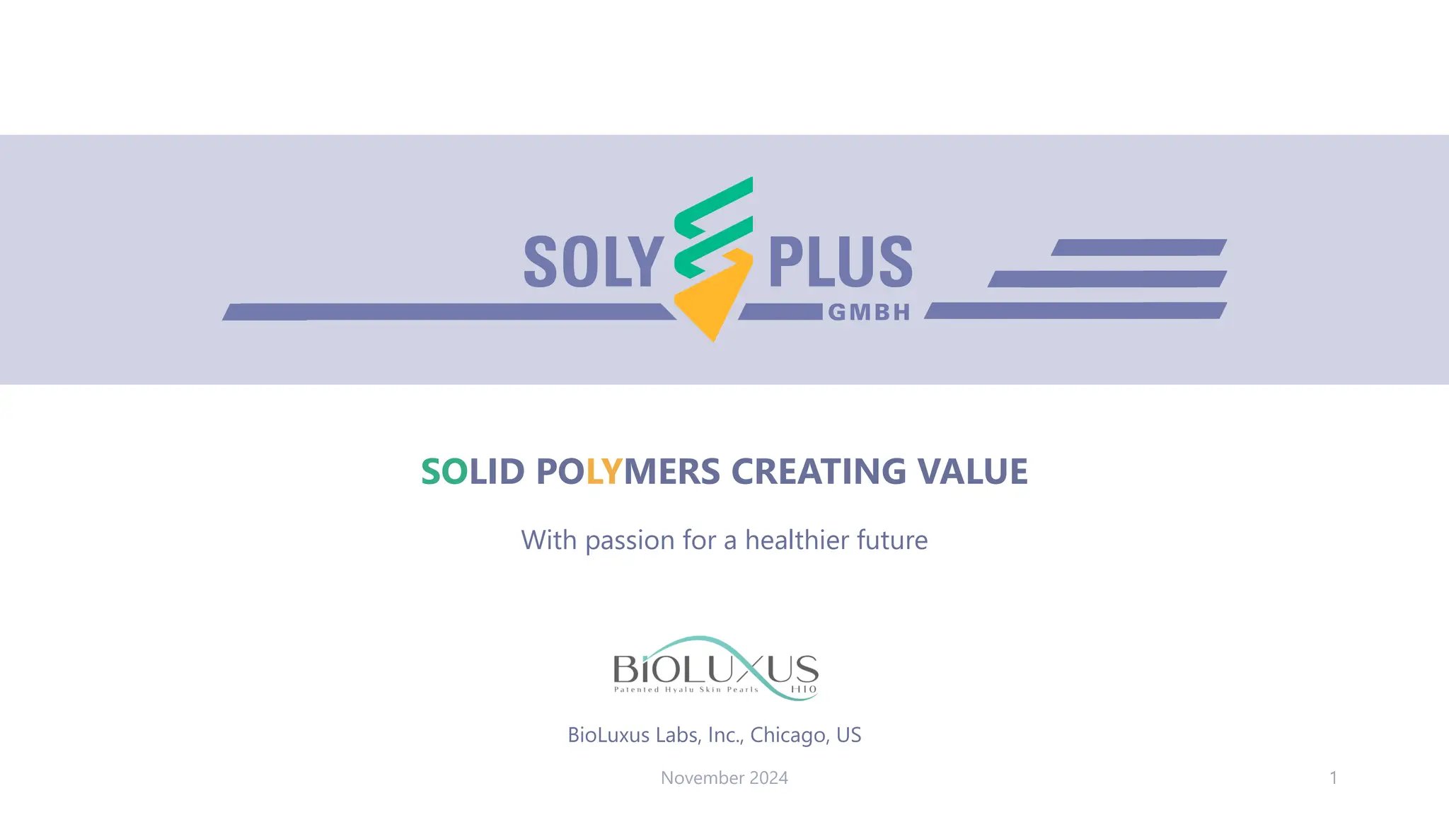 Cover slide of the SolyPlus GmbH / BioLuxus Labs, Inc. pitch deck — 2024