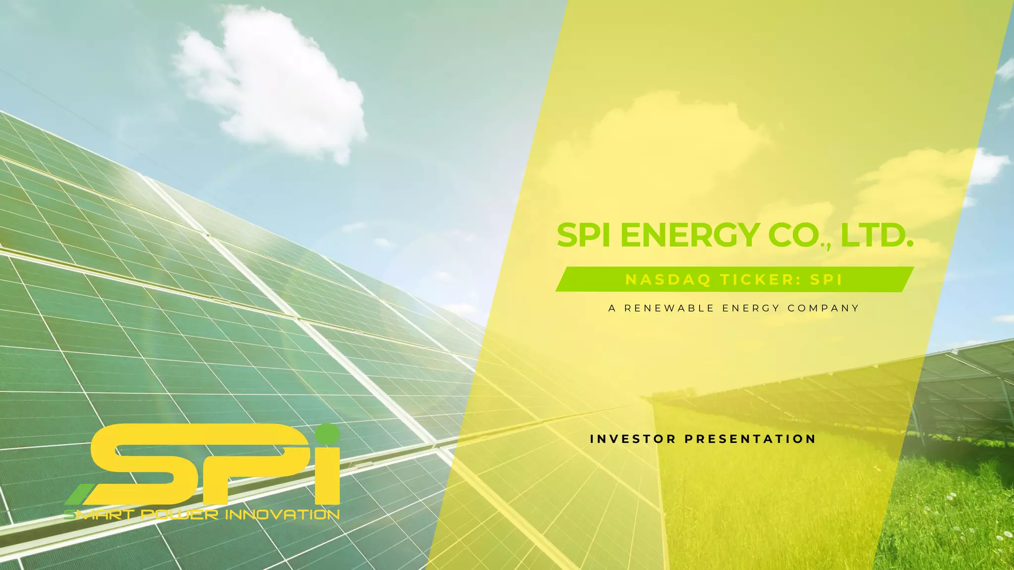Cover slide of the SPI Energy Co., Ltd. pitch deck — Public (NASDAQ: SPI) 2023