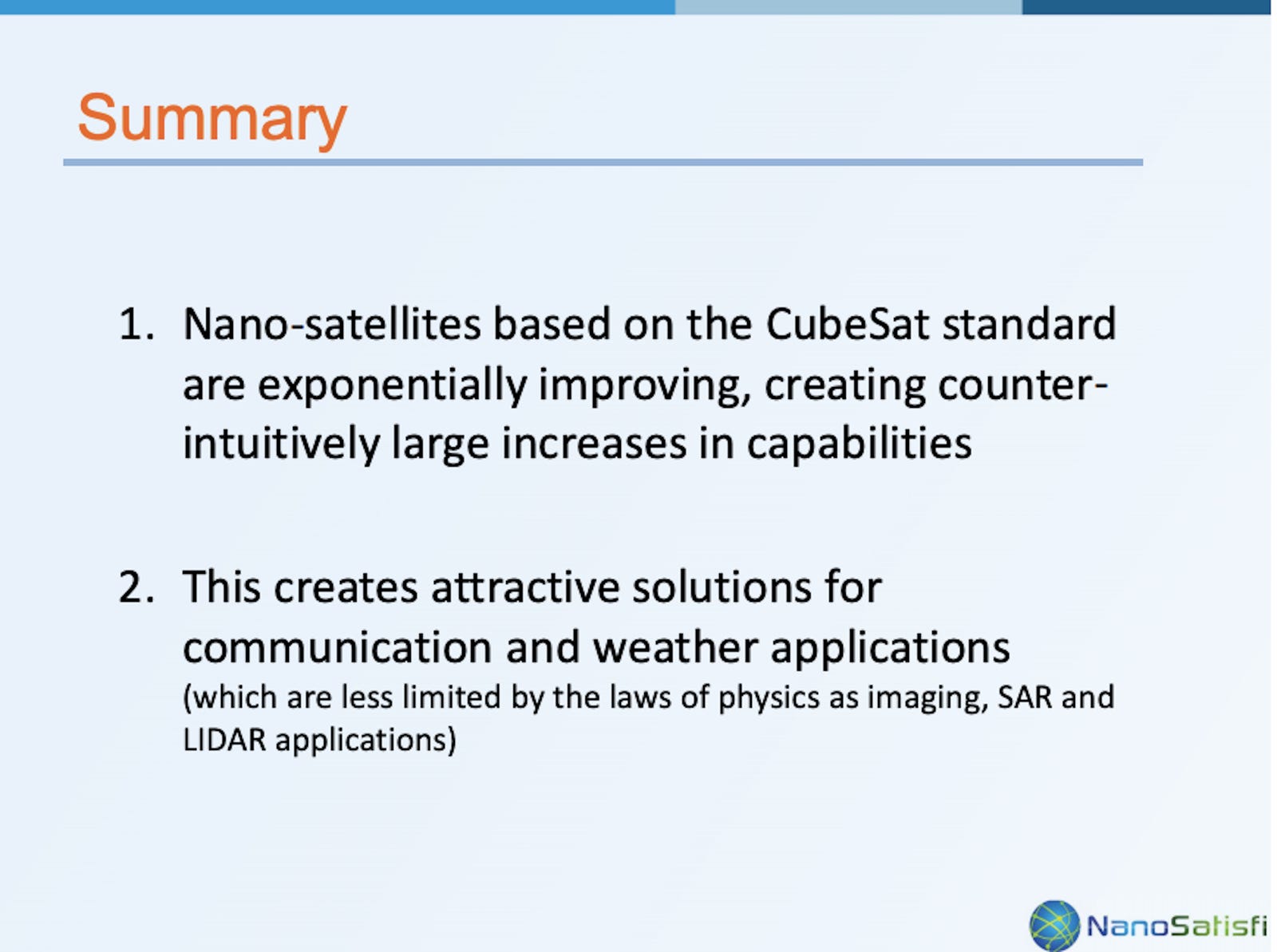 Cover slide of the Spire Global (formerly NanoSatisfi) pitch deck — Seed 2012