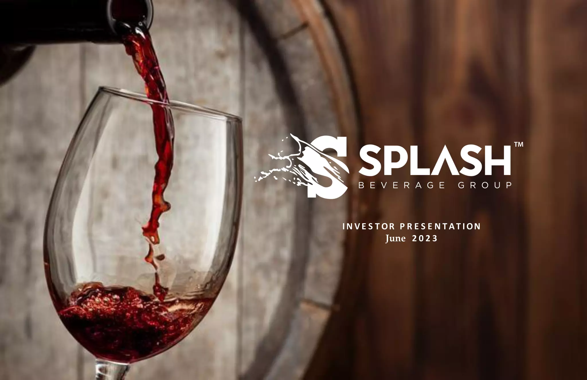 Cover slide of the Splash Beverage Group pitch deck — Public (NYSE American) 2023