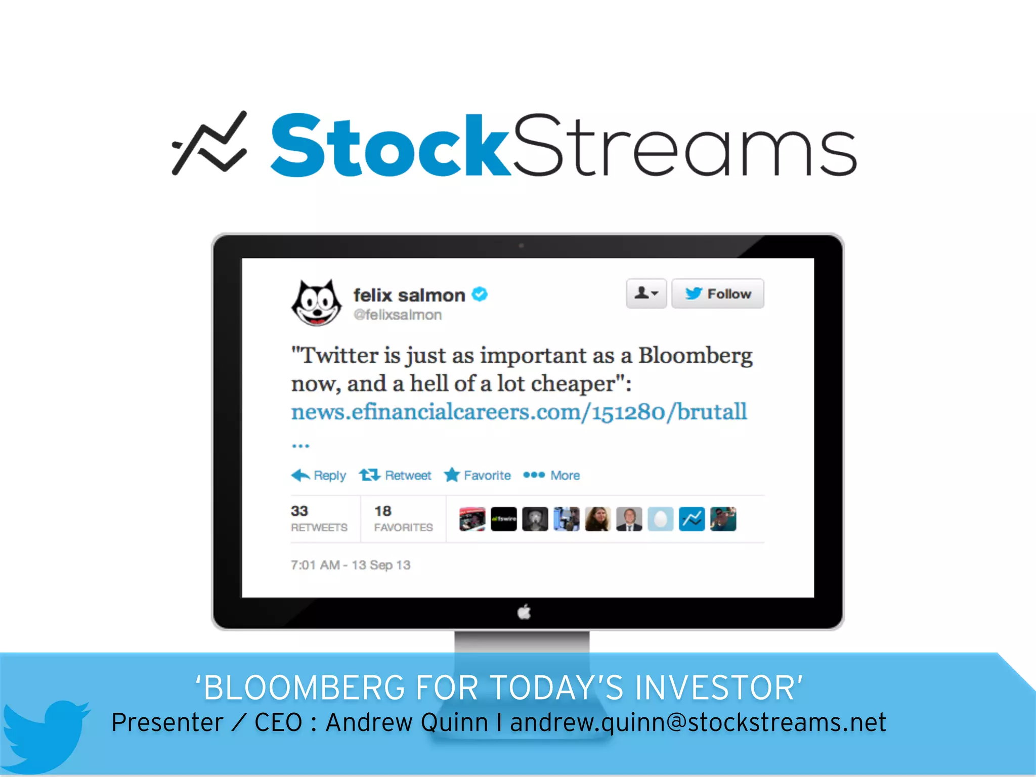 Cover slide of the StockStreams pitch deck — Seed (estimated) 2013