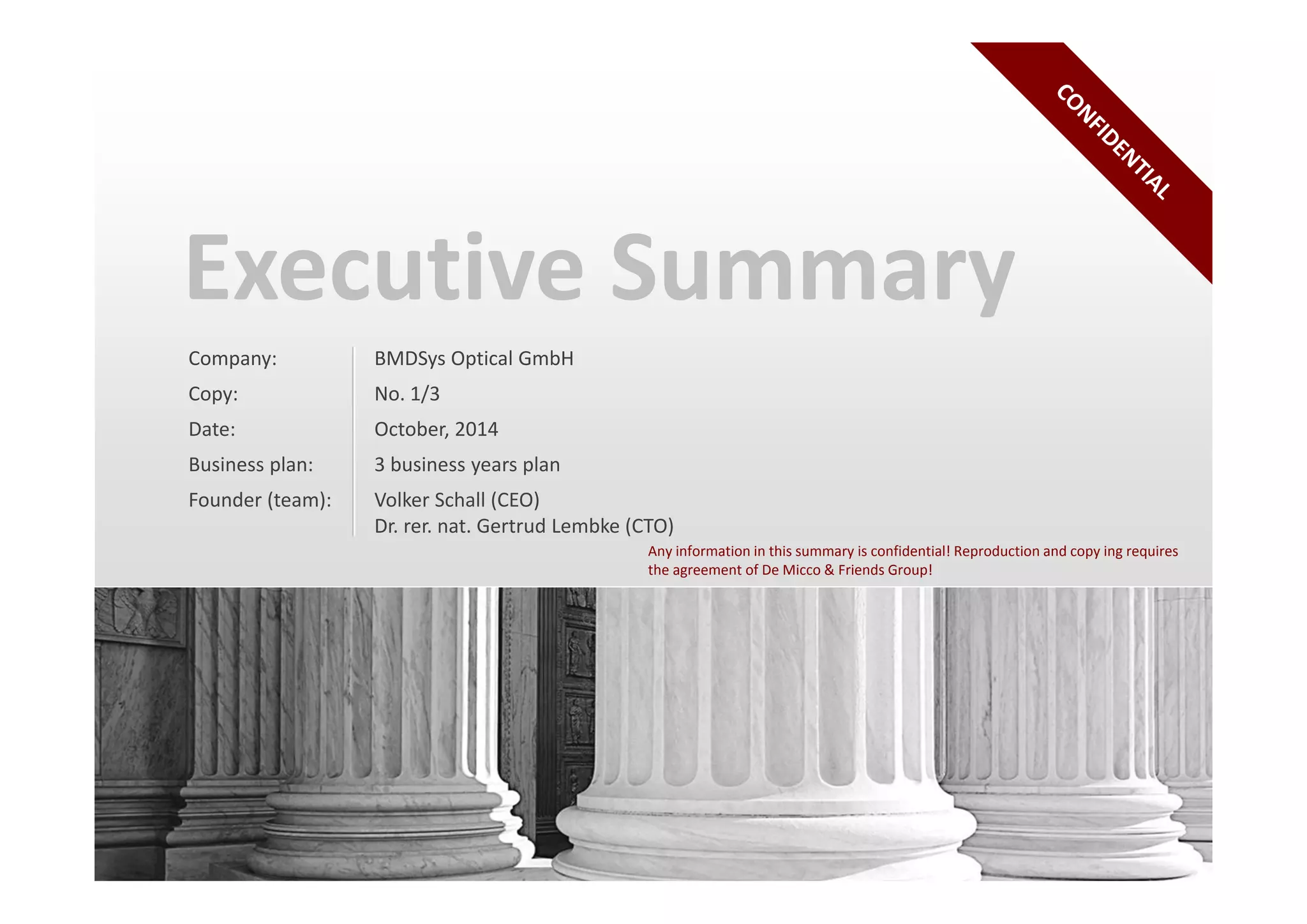 Cover slide of the BMDSys Optical GmbH pitch deck — 2014