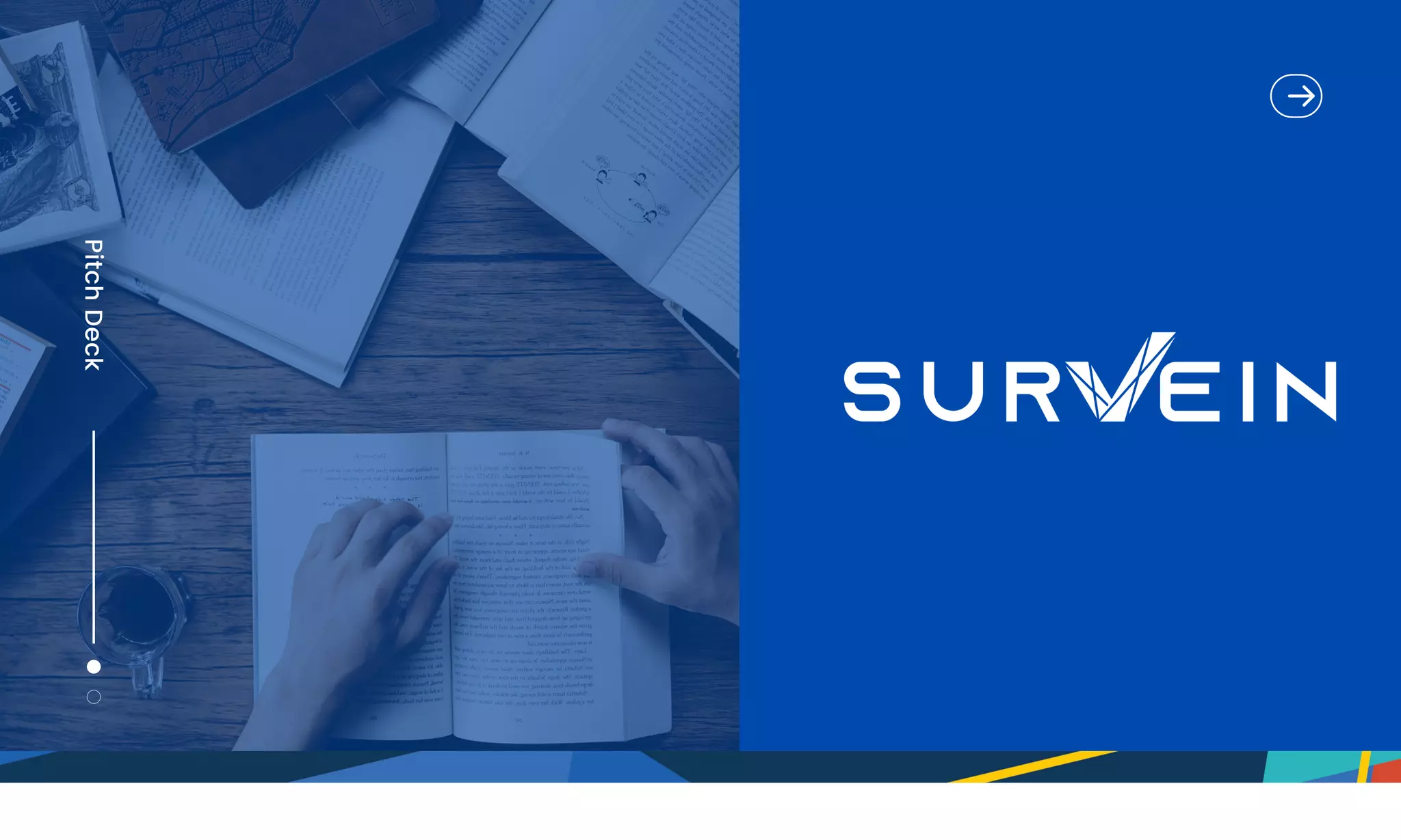 Cover slide of the Survein pitch deck — Early Stage / Intro 2020