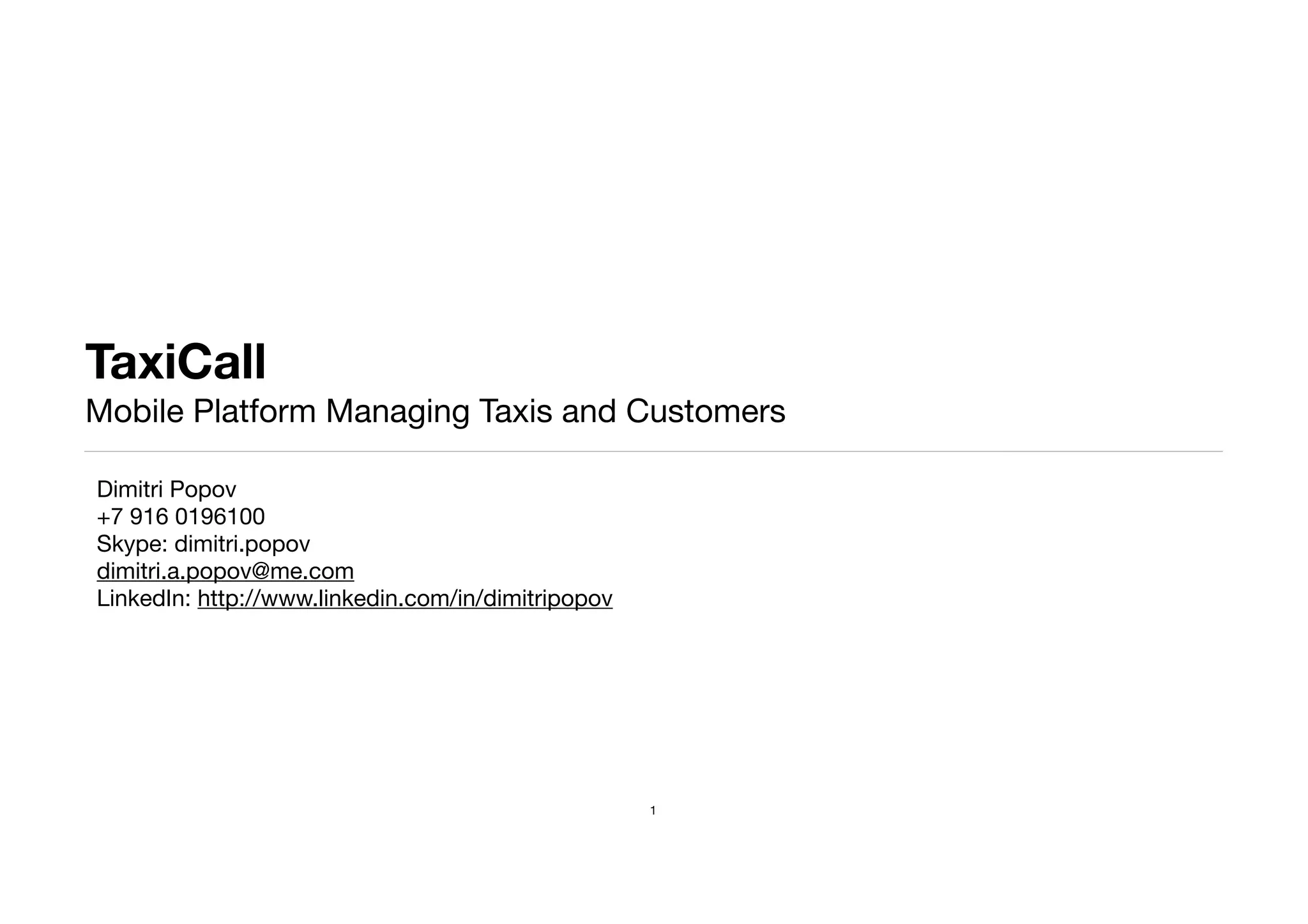Cover slide of the TaxiCall pitch deck — Seed 2011