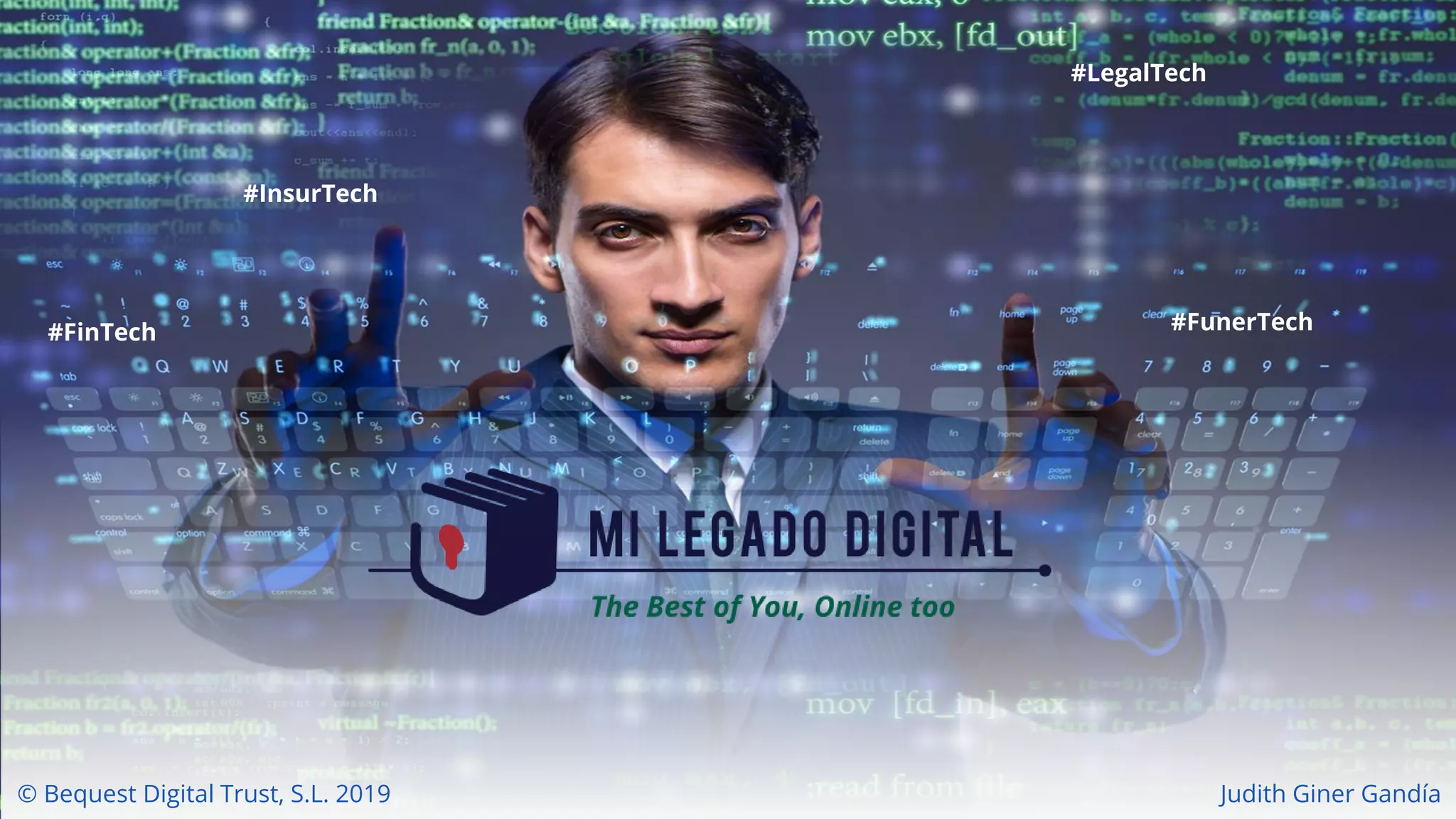 Cover slide of the Mi Legado Digital (Bequest Digital Trust, S.L.) pitch deck — 2019