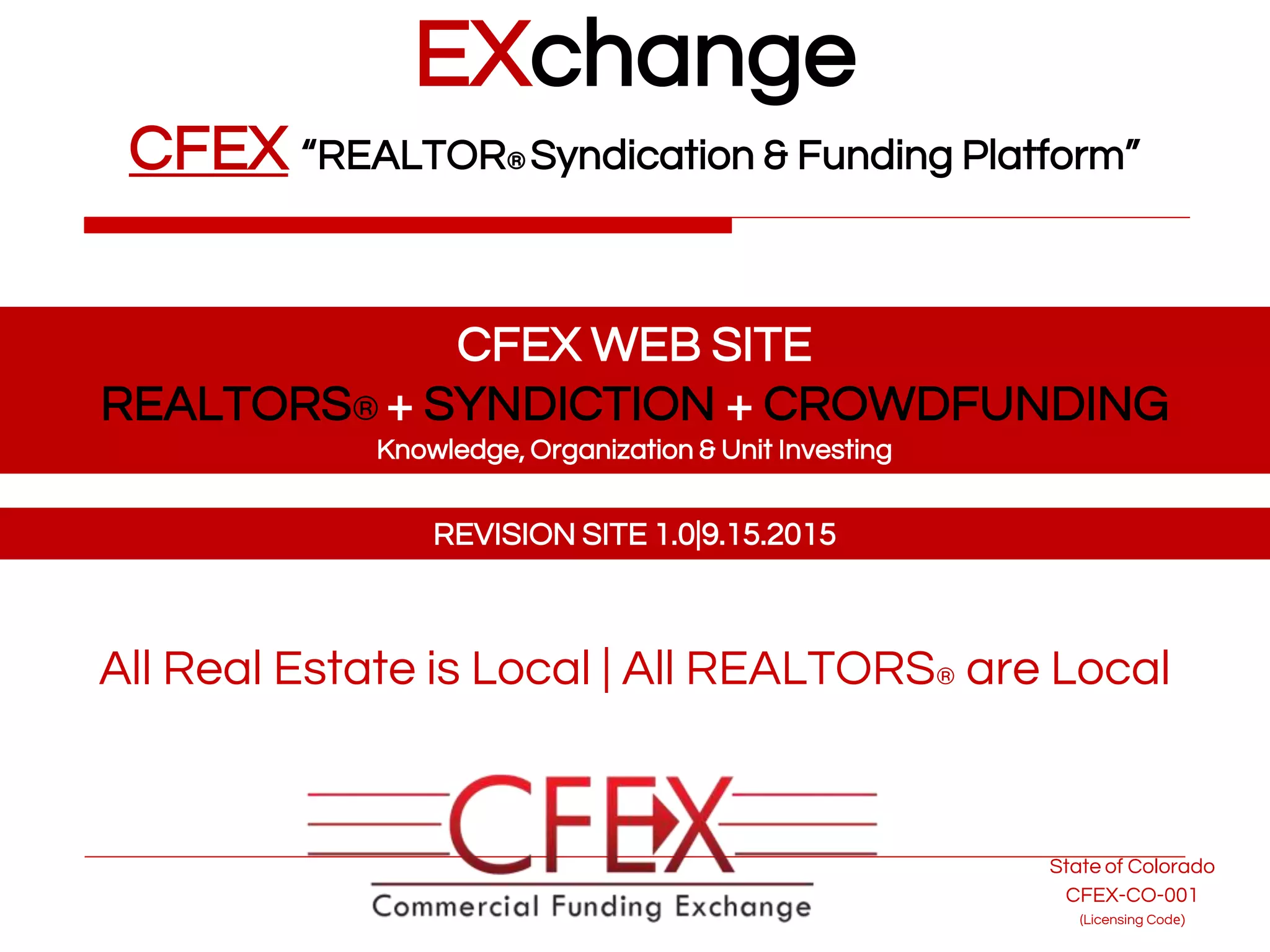 Cover slide of the CFEX (Commercial Funding Exchange) pitch deck — Concept / Seed 2015