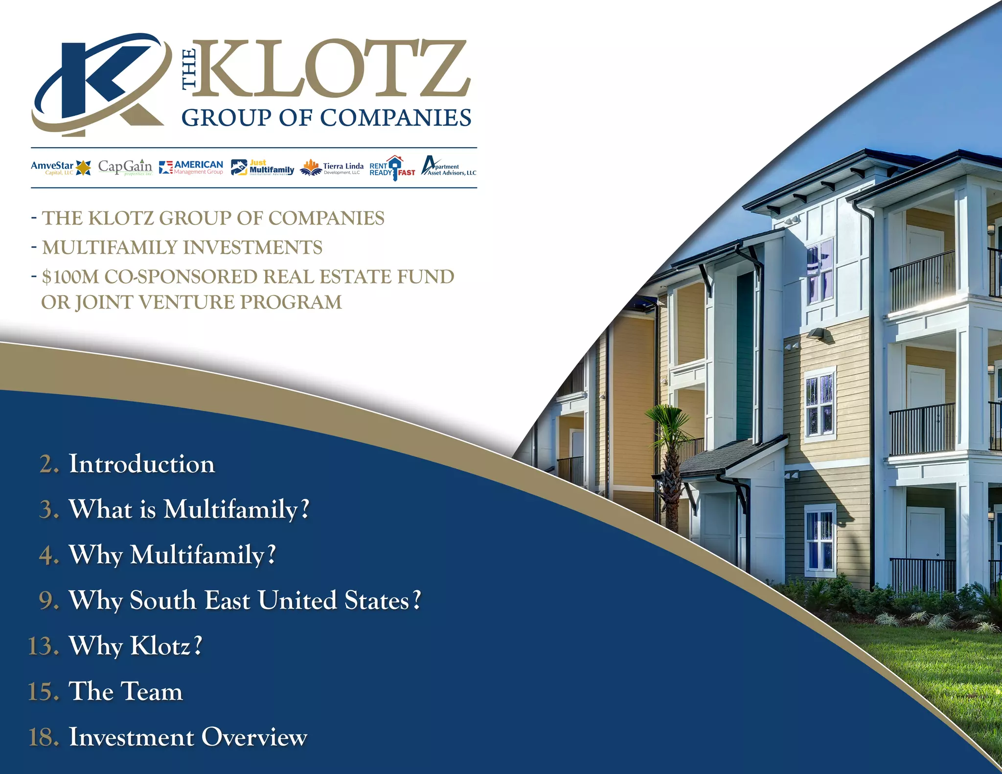 Cover slide of the The Klotz Group of Companies LLC pitch deck — Fundraising ($100M Fund) 2018