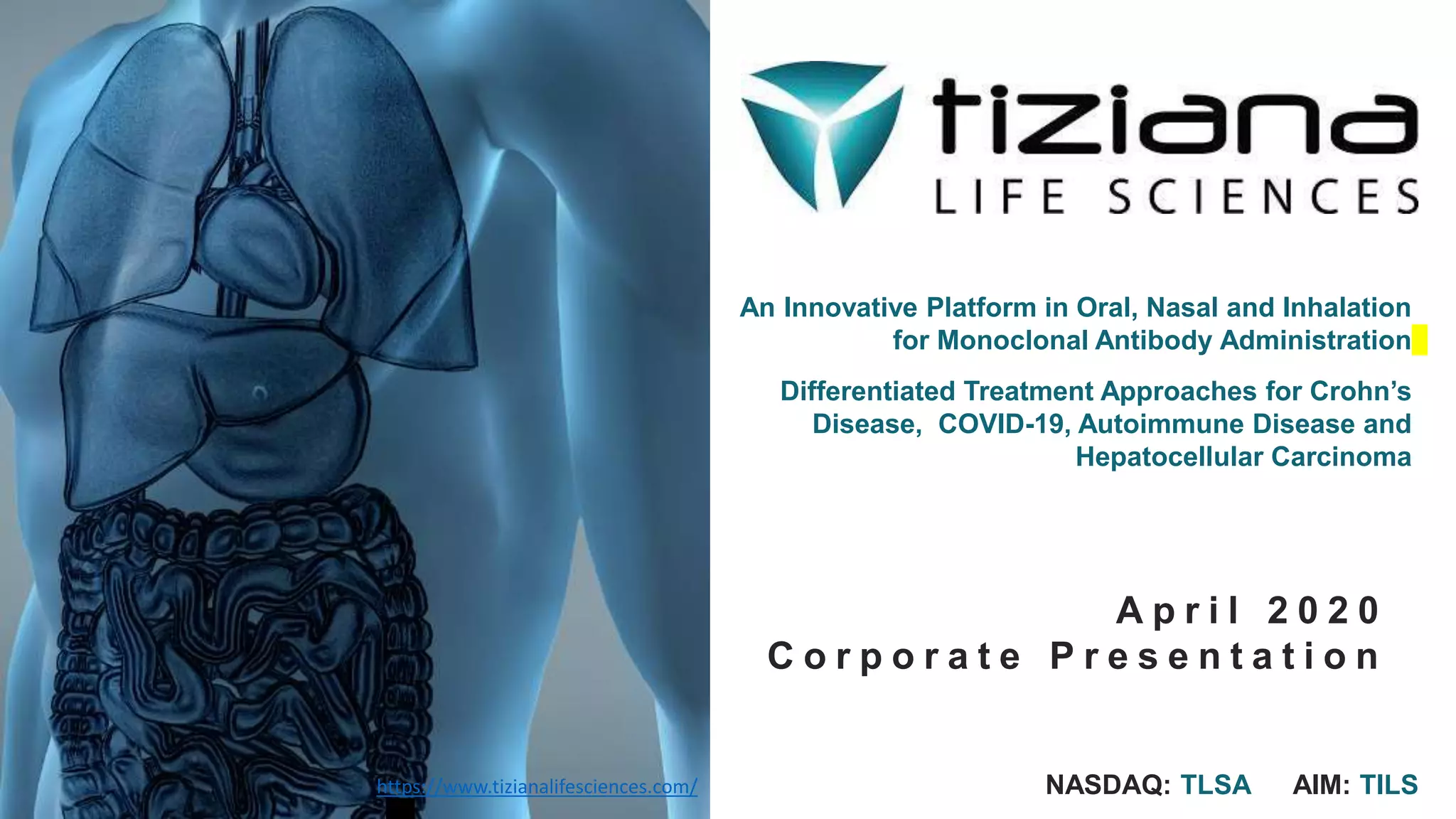 Cover slide of the Tiziana Life Sciences pitch deck — 2020
