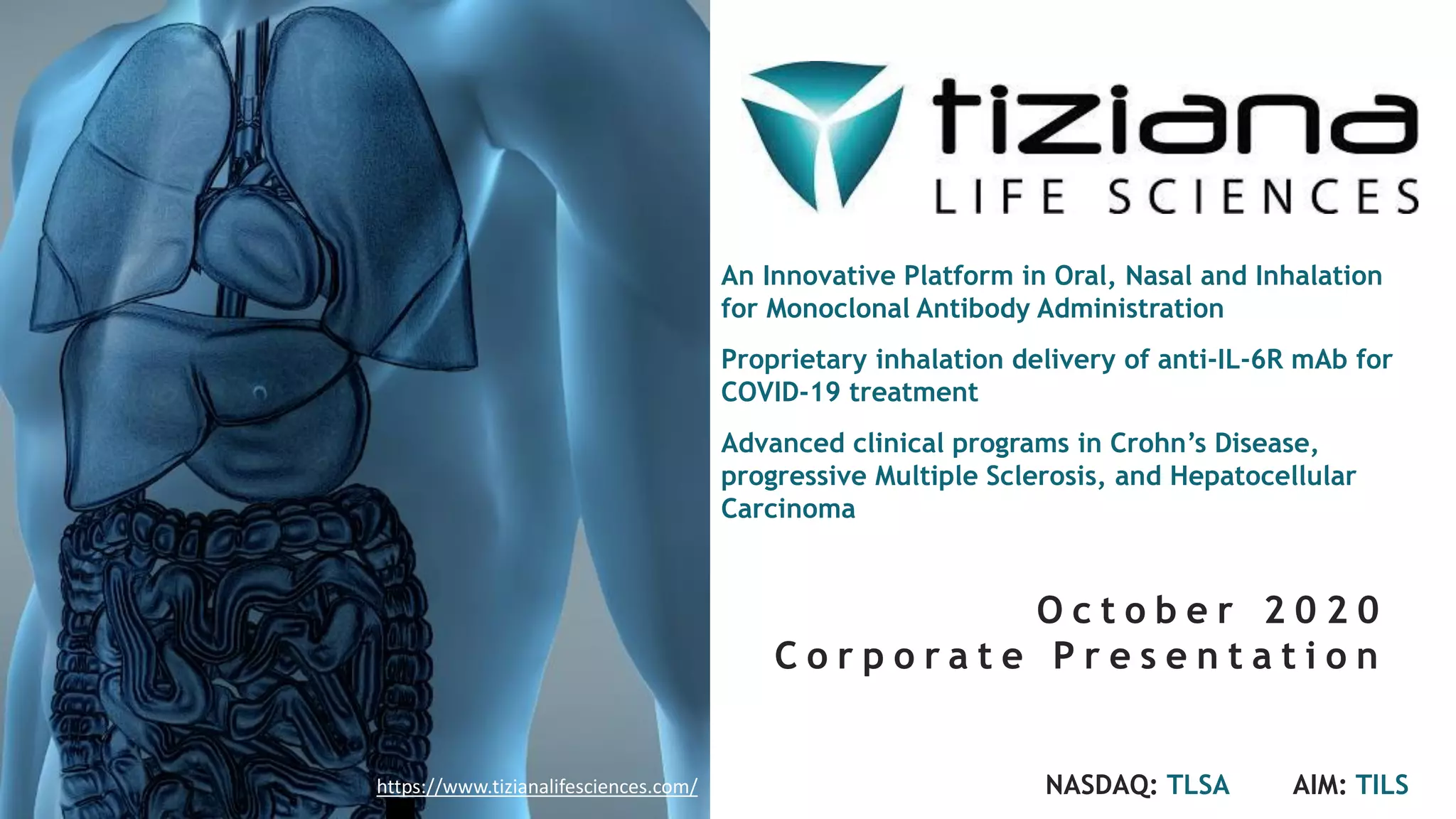 Cover slide of the Tiziana Life Sciences (TLSA) pitch deck — Public (NASDAQ/AIM) 2020