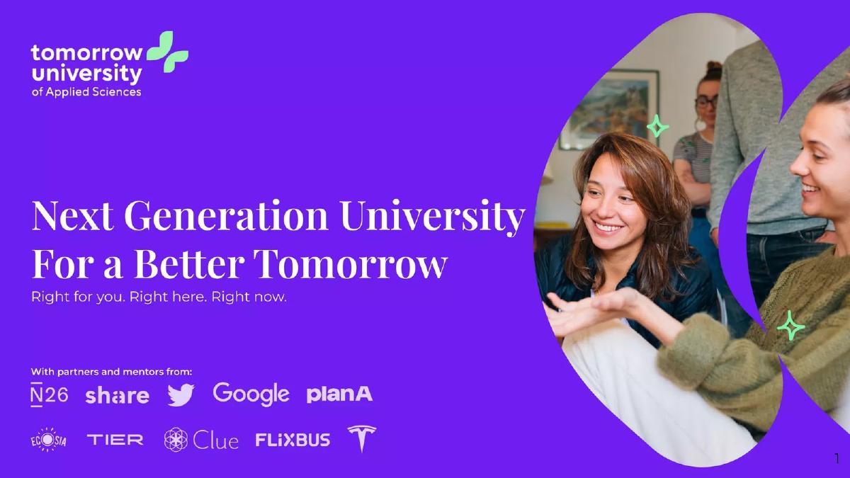 Cover slide of the Tomorrow University of Applied Sciences pitch deck — Series A 2023