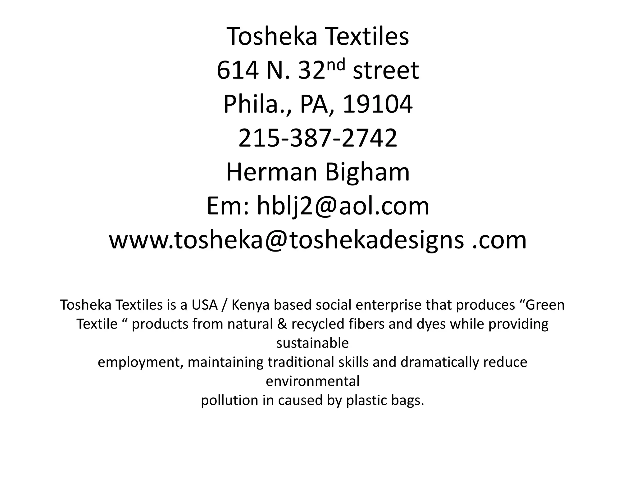 Cover slide of the Tosheka Textiles pitch deck — Seed / Early Stage 2012