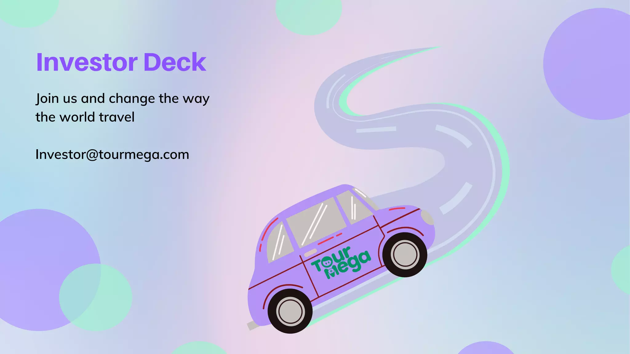 Cover slide of the TourMega pitch deck — Seed 2023