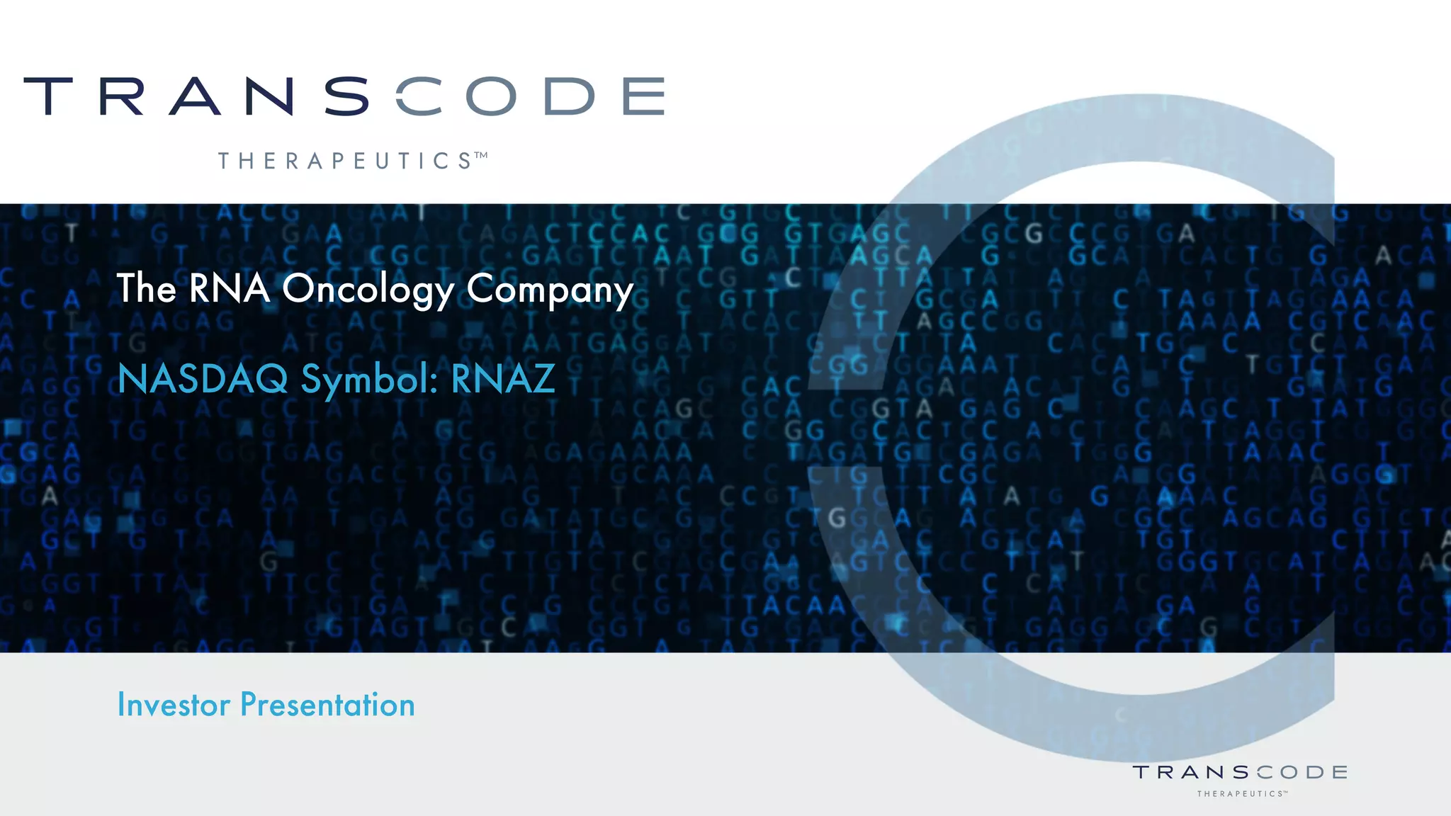 Cover slide of the Trans Code Therapeutics pitch deck — Public (NASDAQ: RNAZ) 2022