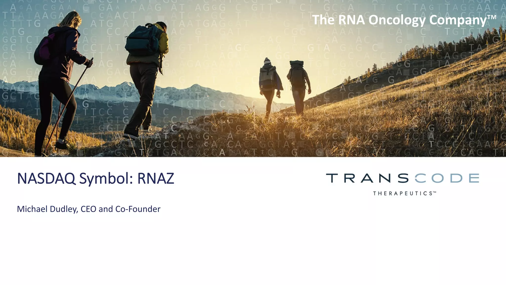 Cover slide of the TransCode Therapeutics pitch deck — Public (NASDAQ: RNAZ) 2022