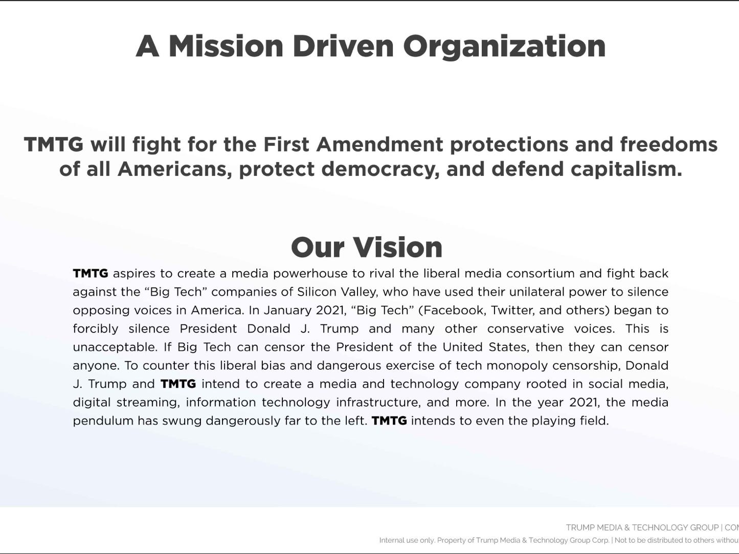 Cover slide of the Trump Media Technology Group (TMTG) pitch deck — Product Pitch 2021
