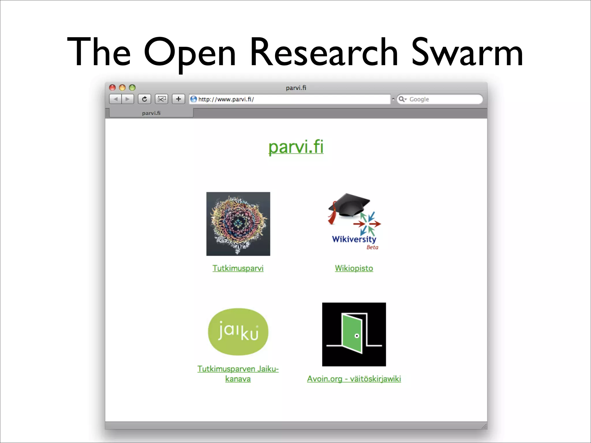 Cover slide of the Tutkimusparvi pitch deck — 2008
