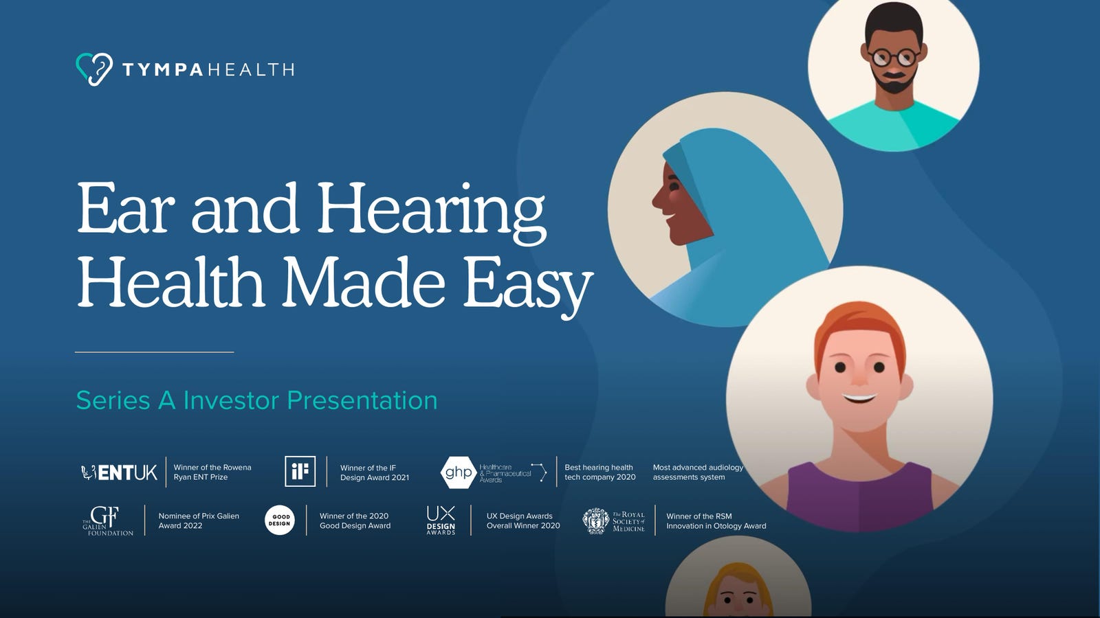 Cover slide of the TympaHealth pitch deck — Series A 2024