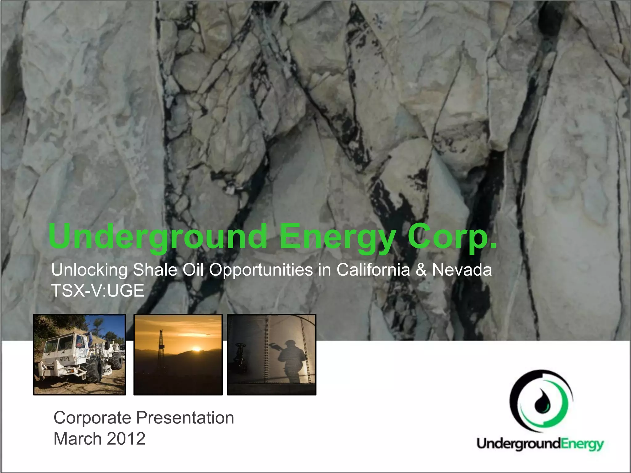 Cover slide of the Underground Energy Corp. pitch deck — Public (TSX-V) 2012