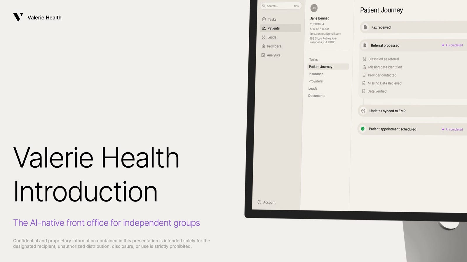 Cover slide of the Valerie Health pitch deck — Series A 2024