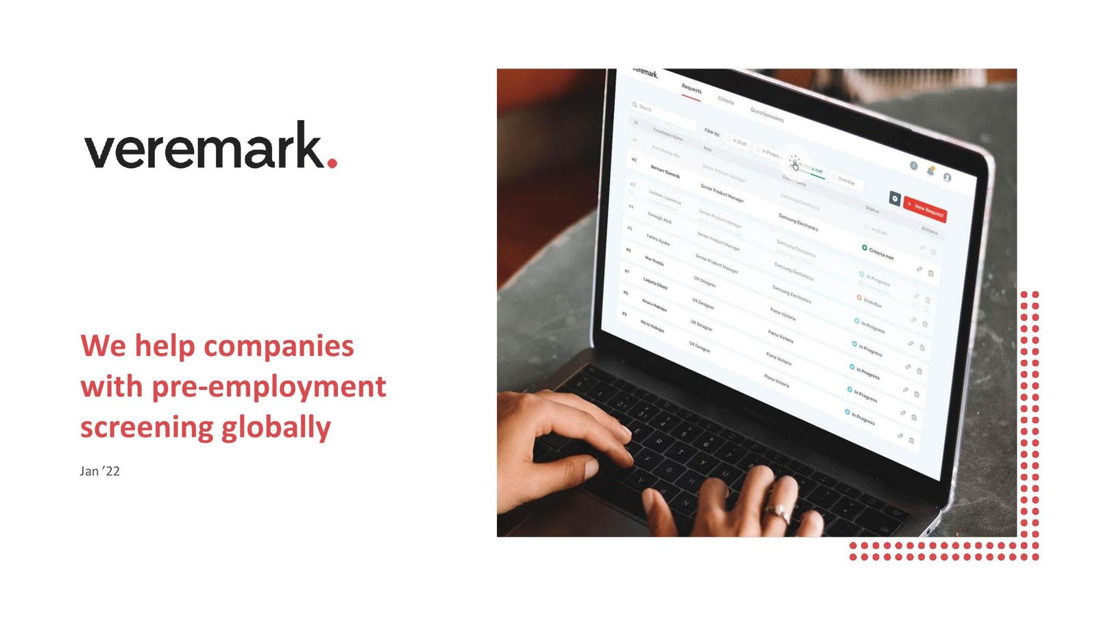 Cover slide of the Veremark pitch deck — Series A 2024