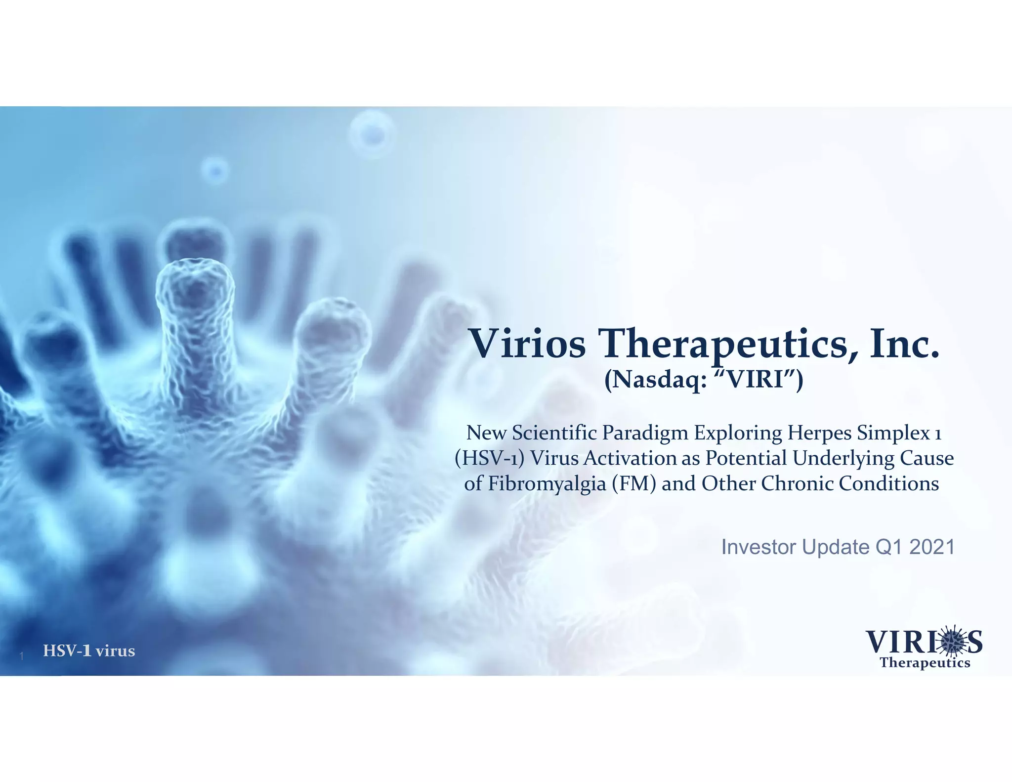 Cover slide of the Virios Therapeutics, Inc. pitch deck — Public (Nasdaq: VIRI) 2021