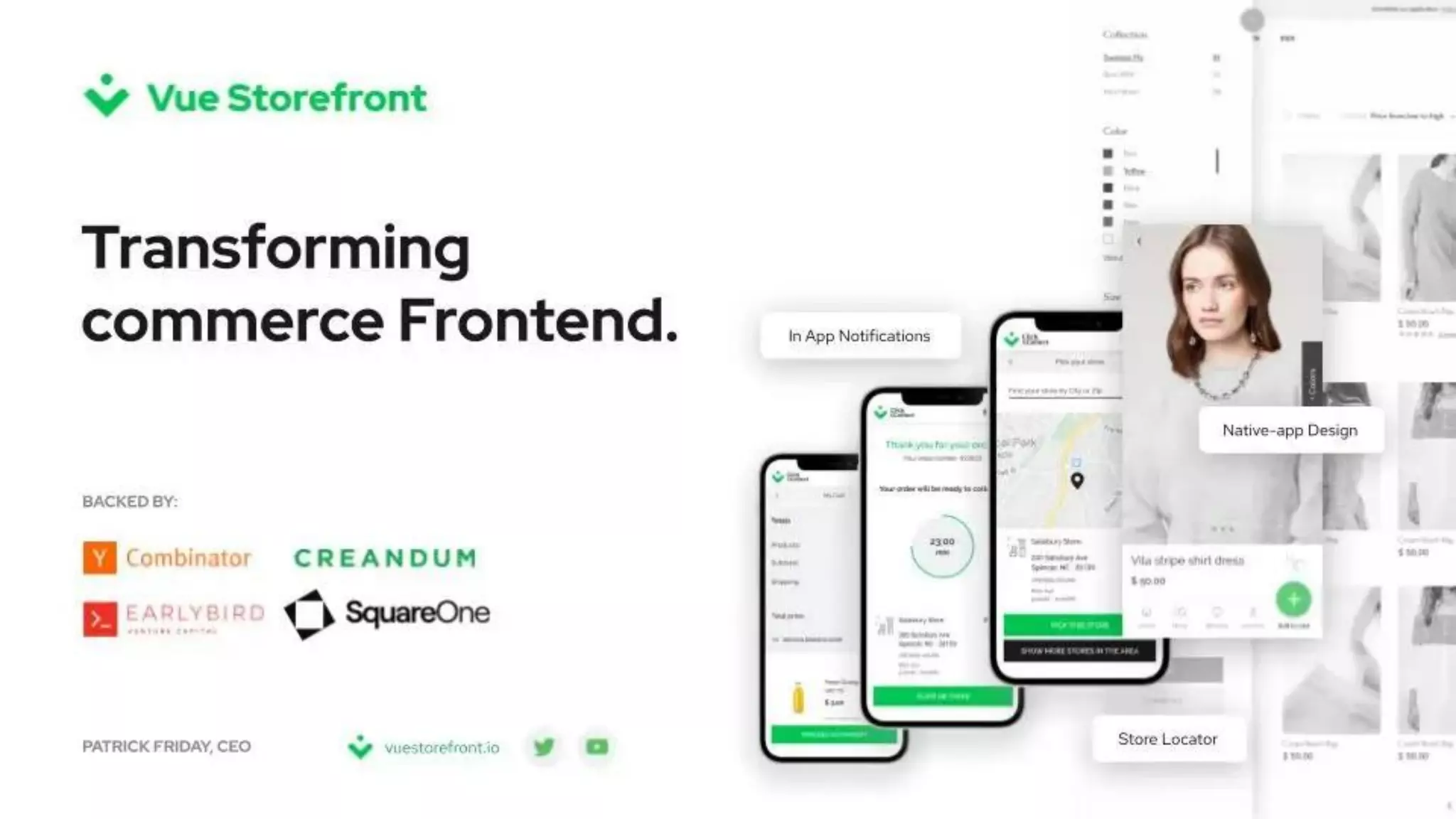 Cover slide of the Vue Storefront pitch deck