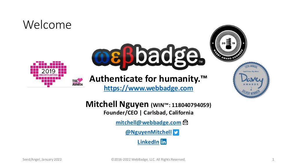 Cover slide of the WebBadge pitch deck