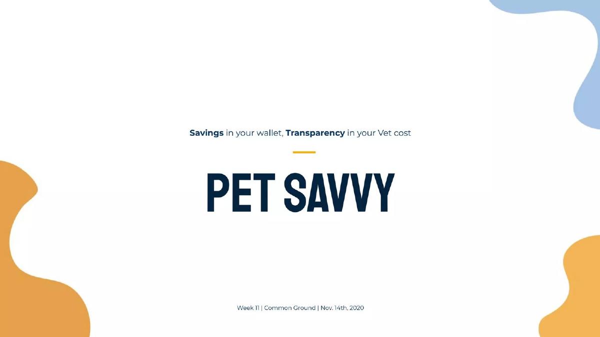 Cover slide of the Pet Savvy pitch deck — Pre-Seed / Concept 2020