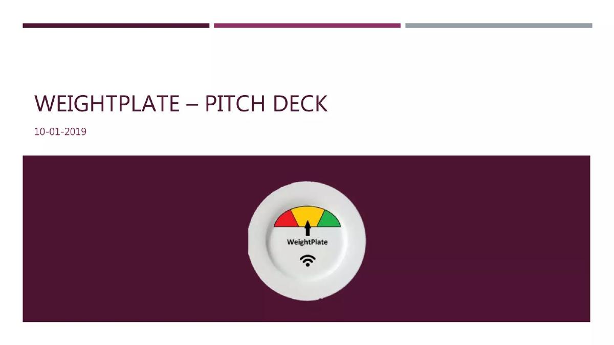 Cover slide of the WeightPlate pitch deck — Seed / Student Venture 2019