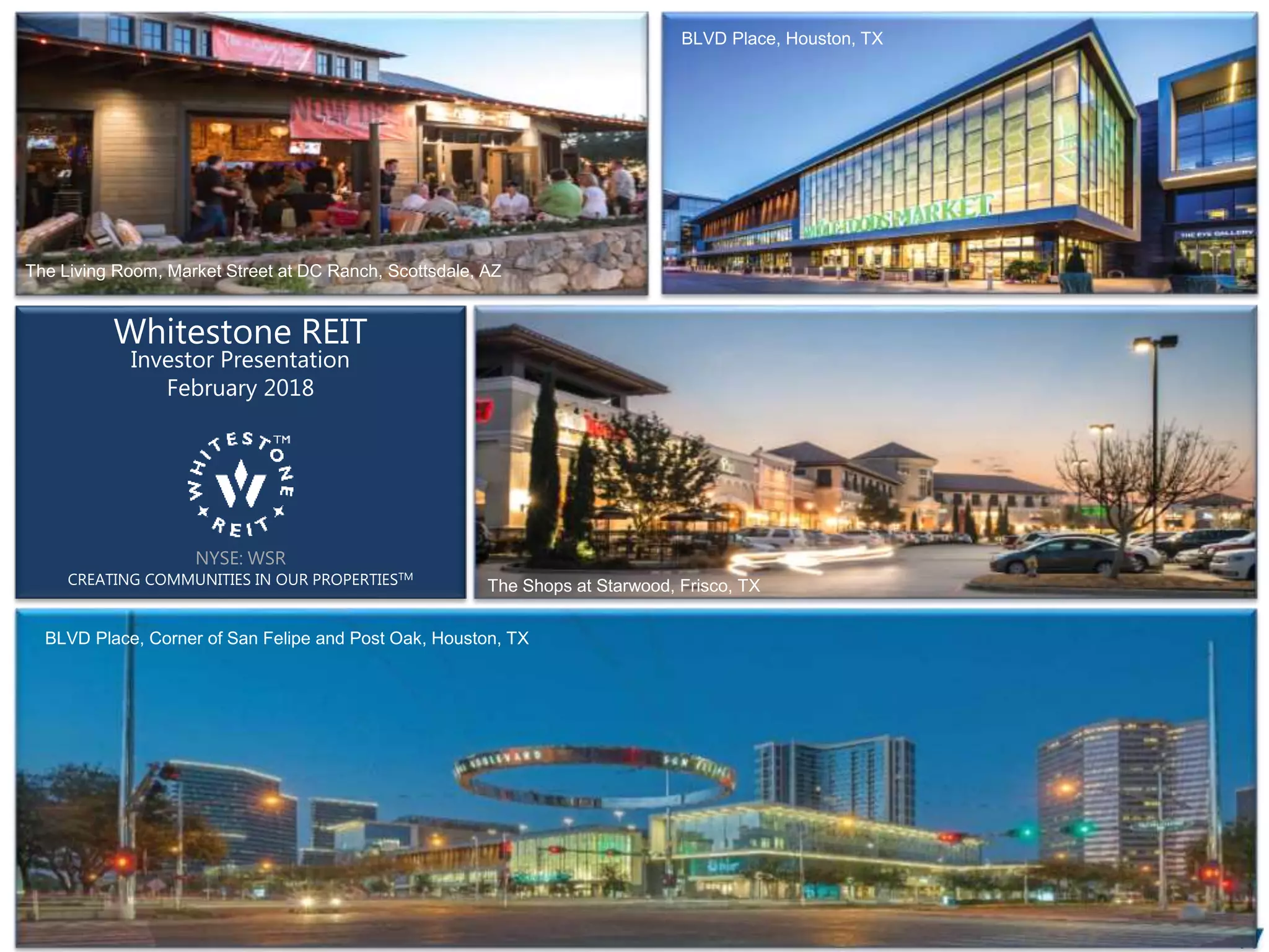 Cover slide of the Whitestone REIT pitch deck — Public (NYSE: WSR) 2018