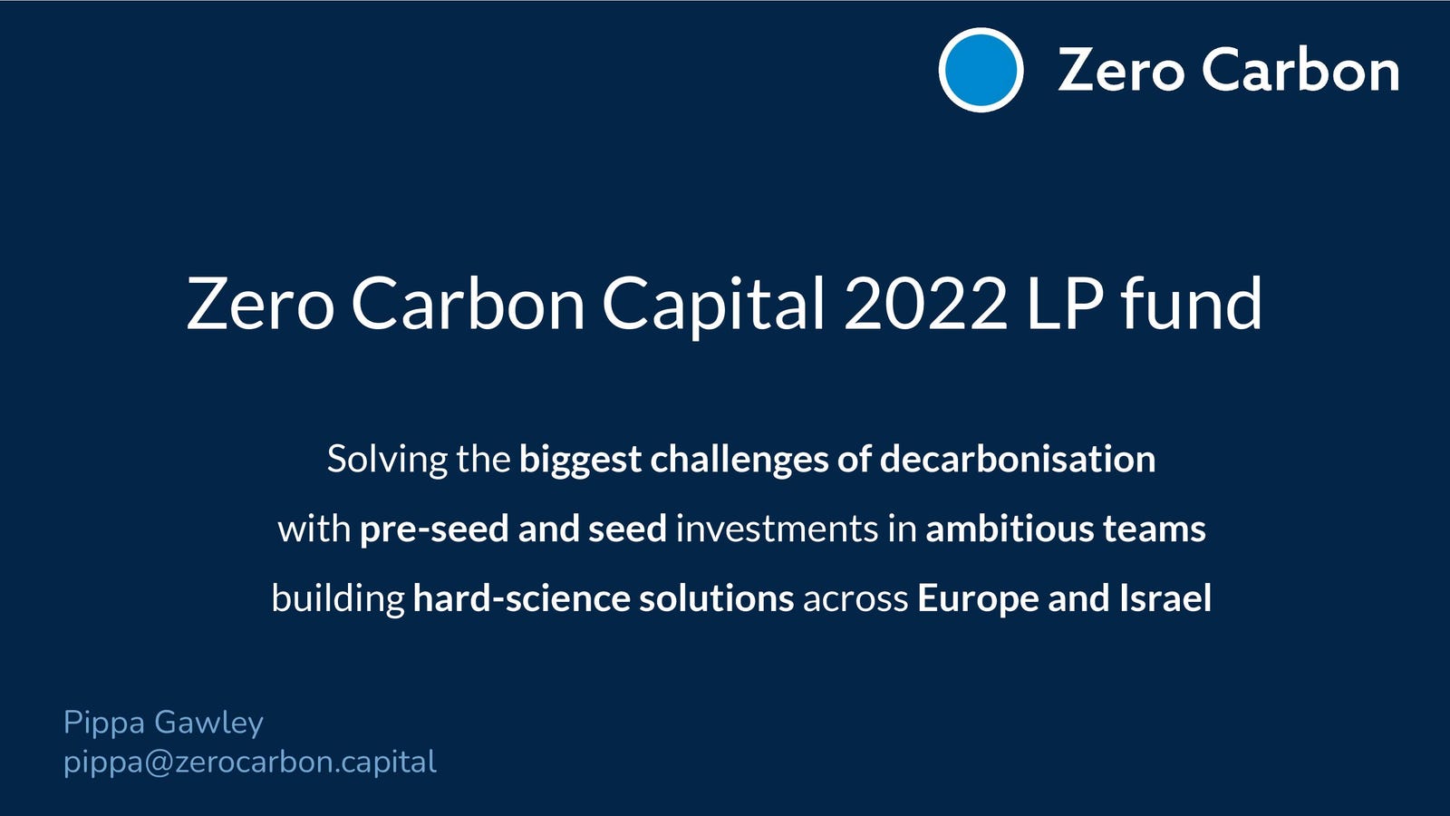 Cover slide of the Zero Carbon Capital pitch deck — Fund 2 (Third Close) 2023